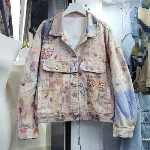 Jacket Women 2021 Autumn New Europeanstreetwear All-Match Loose Patterned Printed Jean Coat Female Loose Outwears Veste Femme