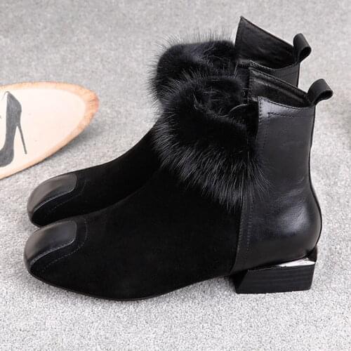 2019 women ankle boots winter warm autumn zipper round toe fashion shoes Casual Handmade riding black faux fur female boots