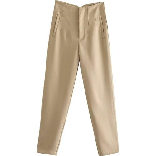 2021 Spring Trouser Suits High Waisted Pants Women Fashion Office Beige Pants Chic Button Zip Elegant Pink Casual Woman Pants
