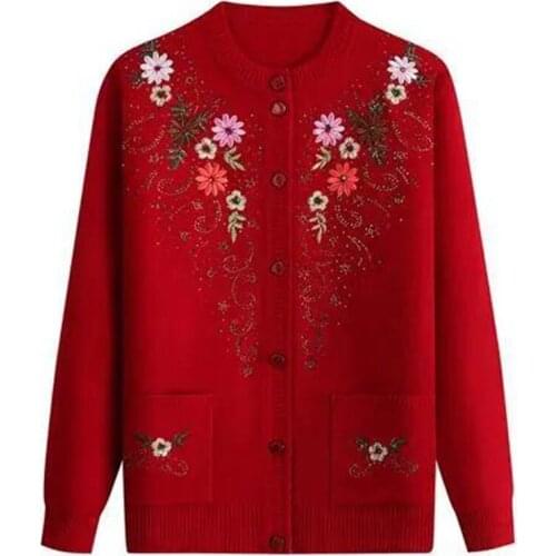 Middle-aged and elderly womens Embroidery Knit Cardigan Jacket Single-breasted Slim Sweater Coat Thin Grandma Spring Clothing
