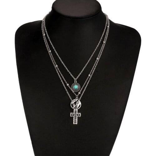 Women Necklace Multi Layered Cross Female Party Necklace Bead Chain silver Color Necklace Alloy Gift Jewelry