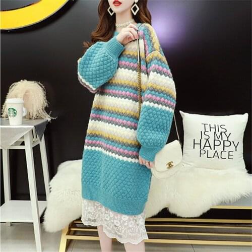 Autumn Winter Korean Student Knitted Sweater Dress Women 3 Color O-Neck Long Loose Thick Long Sleeve Knitting Sweaters Female