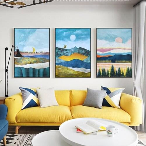 3 Pieces Framed Canvas Blue Landscape Abstract Painting For Living Room Home Decoration Wall Art Pictures Modern
