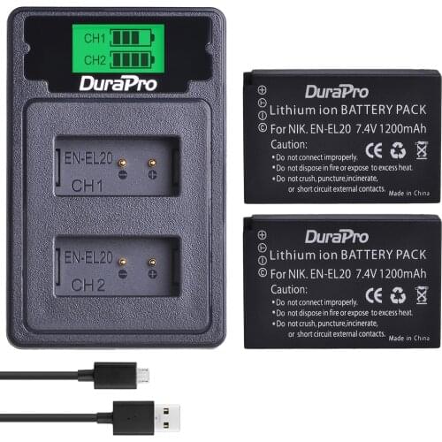 Durapro 2pc 1200mAh EN-EL20 EN EL20 Camera Battery + LCD USB Dual Charger Type C For Nikon 1 J1 J2 J3 S1 Coolpix A1 AW1 Camera
