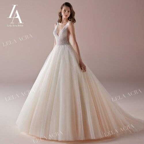 Shiny Beading Wedding Dress Boho V-neck Backless A-Line Illusion Princess Train Lela Acra NZ81 Customized Bride Vestido De Noiva