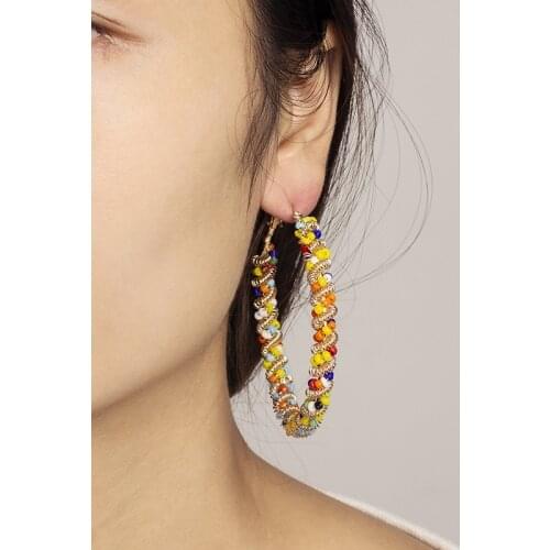 Bohemian Womens Handmade Acrylic Seeds Beaded Hoop Kolczyki Fashion Exquisite Sweet Knitted String Beads Earrings Femme Jewelry