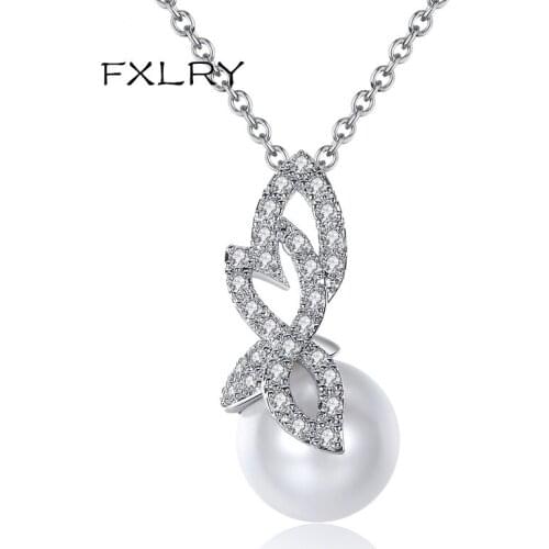 FXLRY New Design Cubic Zircon Elegant Flowers Pearl Bridal Necklace White Color necklaces For Women Wedding Fashion Jewelry