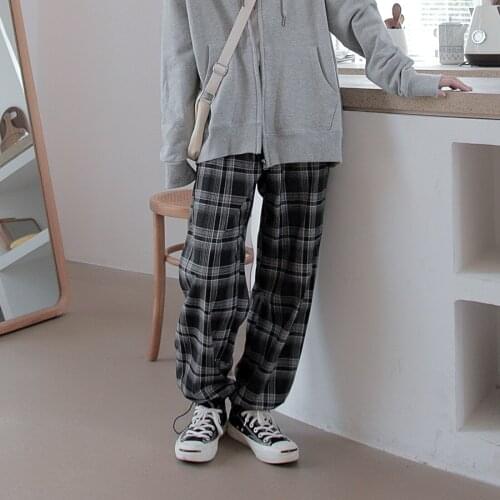 Harajuku Fashion Women Pants Capris Black Plaid Printed Elastic High Waist Full Length Teenge Girls Straight Trousers