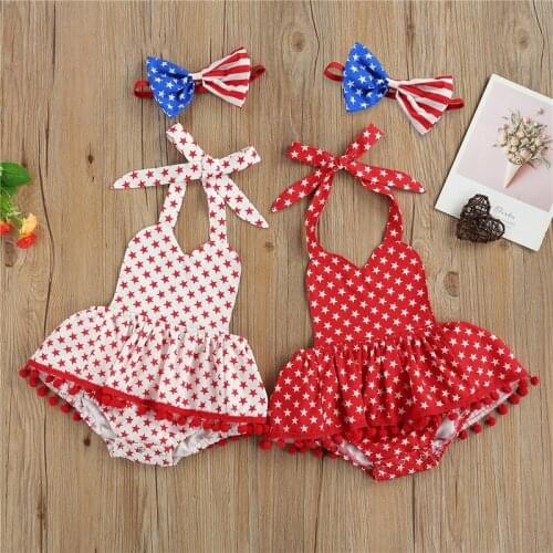 2 Piece Set Newborn Independence Day Outfits Girl Sleeveless Tie Up Pentagram Print Halter Romper with Pompom Bowknot Headband
