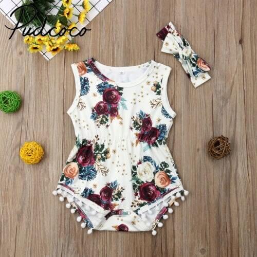 Summer Sunsuit 2pcs Newborn Baby Girls Bodysuit Floral Rose Vest Jumpsuit Playsuit Outfit Headband Kids Clothes 0-24 Months