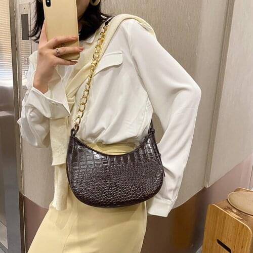 Casual Alligator Pattern Chain Hobo Solid Leather Shoulder Underam Bag for Women Youth Ladies Simple Versatile Bag