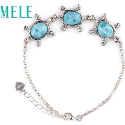 Tortoise shape natural deep blue larimar Bracelet with silver 925,classic style jewelry for women and girls Suitable for party