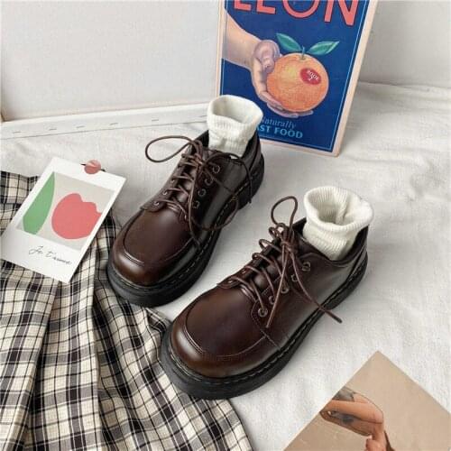 Autumn 2021 New Retro British Small Leather Shoes Womens Platform Heels Thick-soled Lace-up Shoes Japanese Mary Jane Shoes