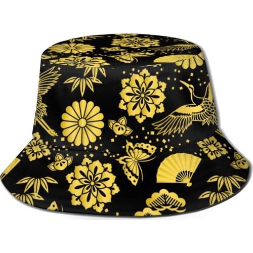 CINESSD New Fashion Bucket Hats Fisherman Caps For Women Men Gorras Summer Golden Powder And Japanese Cranes