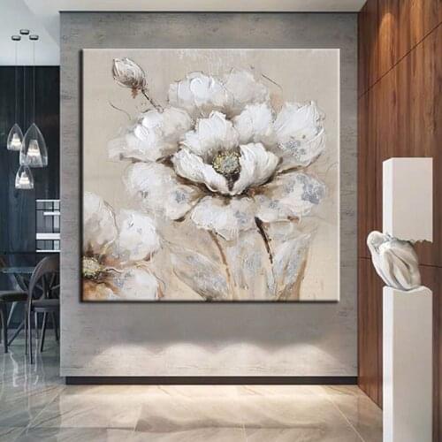 Hand-painted Oil Painting Vintage White Flowers Painting Modern Home Art Canvas Wall Living Room Decor Wall Pictures Frameless