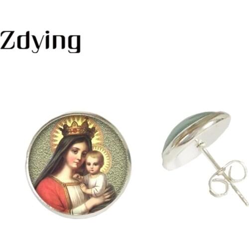 ZDYING Classic Virgin Mary With Baby Stud Earrings Glass Art Painting Cabochon For Woman Men Earring Religion Jewelry Gift VM038