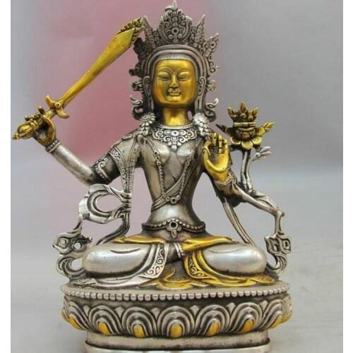 Tibet Buddhism White Copper Silver Manjusri Bodhisattva Manjushri Buddha Statue