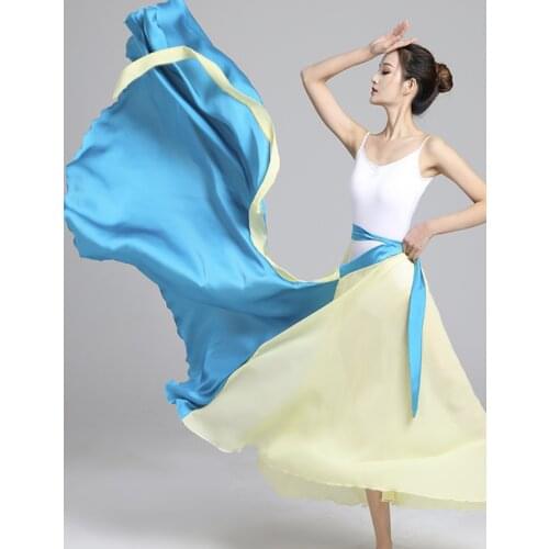 720 Double Color Chiffon Skirt Lace Up Long Skirt Women One Piece Ballet Dance Training Tutu Dress Gradient Gypsy Dance Costume