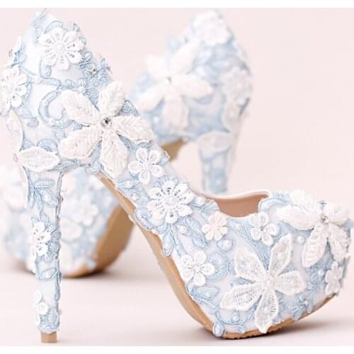Platform High Heels 14cm Blue Women Wedding Shoes Lace Flower Bridal Stiletto Pumps Crystal Ladies Sexy Party Shoes Footwear