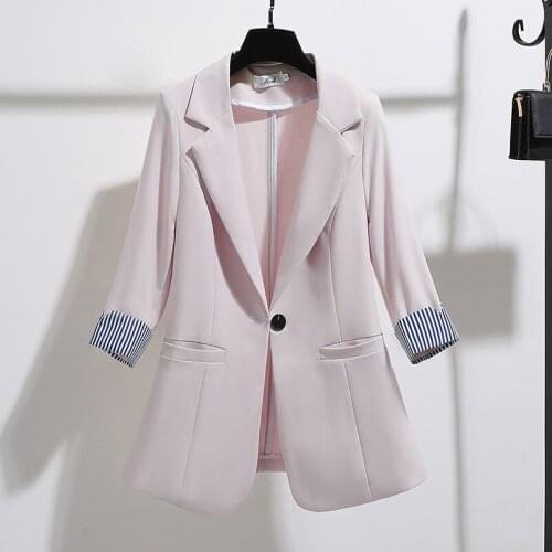 2021 Spring Summer Women Wear Suit Blazer Solid Single button Casual Coat Jacket 3/4 sleeve thin Elegant slim Outwear Blazers