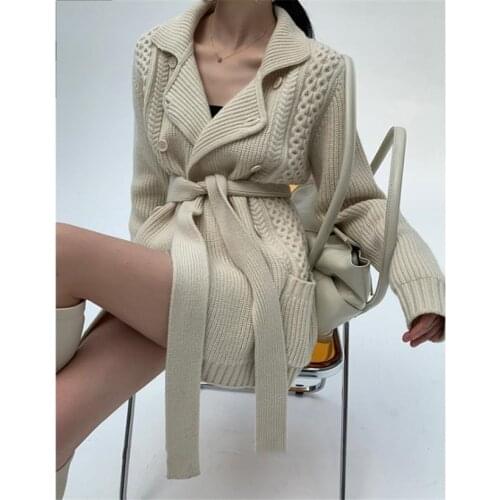 2020 Autumn Winter New Solid Color Loose Retro Twist Wool Knitted Cardigan Women Lace Up Thickened Sweater Jacket