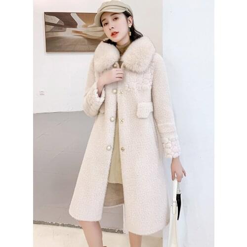 Fur Real Coat Female Natural Fox Fur Collar Long Sheep Shearing Jacket Women Korean Vintage 200% Wool Coat Top Hiver 2022
