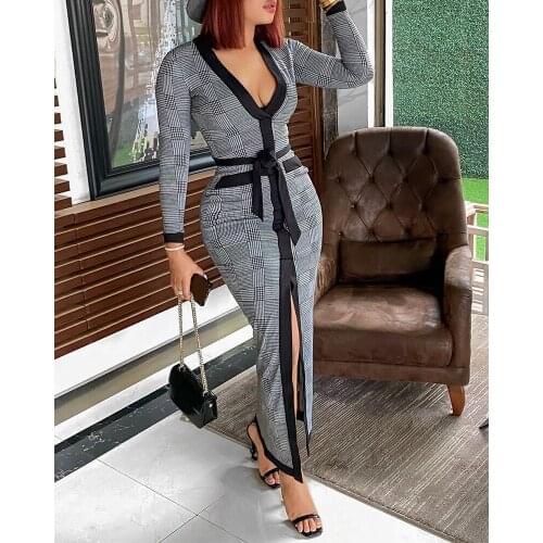 2020 Women Spring Autumn Elegant Colorblock Fit Bodycon OL Dress V Neck High Slit Plaid Long Sleeve Plunge Maxi Dress With Belt