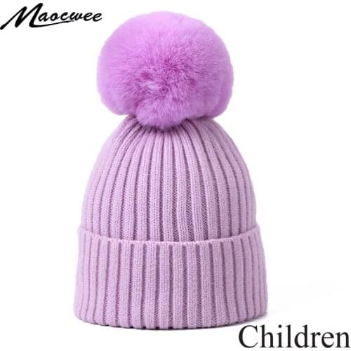Winter Pom Pom Beanie Hat For Children Outdoor Knitted Warm Ski Cap Kids Solid Color Crochet Slouch Hat Bonnet For Girls And Boy