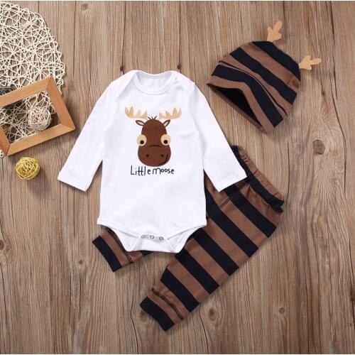 3PCS Set Newborn Baby Girl Boy long sleeve o-neck ox cow head Romper +striped long Pants +Hat Outfits Clothes 0-18M