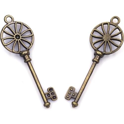 4Pcs Pendant Key Flower Classic Hollow Metal Bronze Tone For Charms Necklaces Jewelry DIY Making Finding 62x21mm