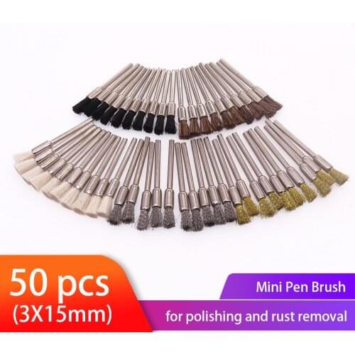 50pcs Mini Wire Brushes Set Steel Brush Horse Polishing Pen Brush 1/8" (3mm) Shank for Accessories Rotary Tools