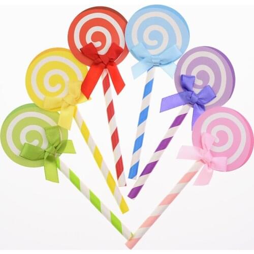 6pcs/lot Happy Birthday Colorful Lollipop Cake Topper Flags With Bowtie Baby Shower Birthday Wedding Party Cake Baking Decor