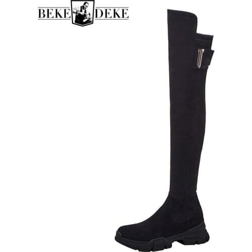 Genuine Leather Slim Black Thick Bottom Womens Over The Knee Boots Winter Fashion Hot Sexy Round Toe Female Nubuck Knight Boots