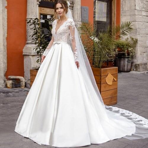 Lace Wedding Dresses 2020 Long Sleeve Satin Bridal Gowns White Ivory Scoop Vestido de noiva Plus size custom-made