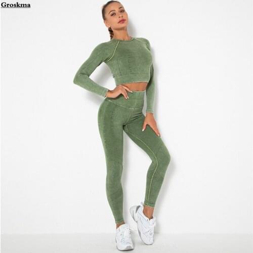 Workout Sports Running Leggings Women Yoga Seamless Suits Fitness Gym Long Sleeve Crop Tops 2 Piece Set High Waist Clothing
