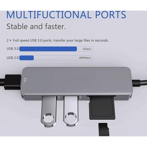 5-in-1 Multifunction Type-C Hub Power Delivery 4K Video HD/VGA Output Port Gigabit Ethernet Adapter and 3 USB 3.0 Ports