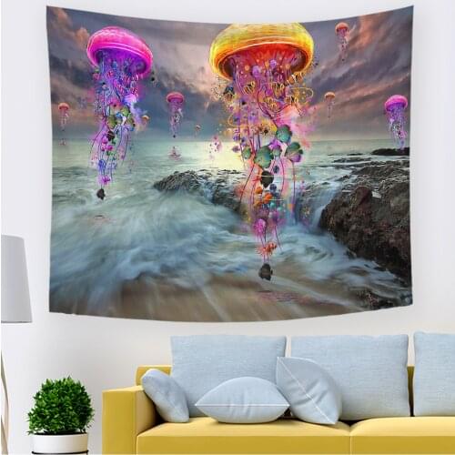 Sea Ocean Jellyfish Tapestry Fantasy Psychedelic Magical Colorful Marine Life For Kids Bedroom Living Room Outdoor Wall stapetry