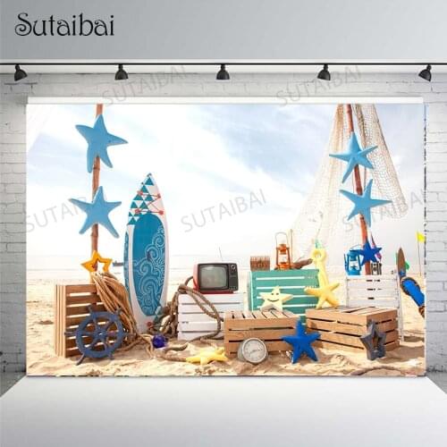 Sea Beach Backdrop for Photography Surfboard Children Birthday Party Background Summer Rudder Star Decoration Baby Shower Studio