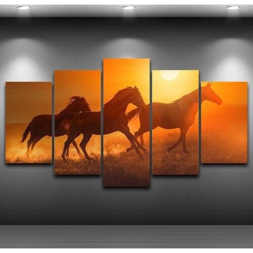 Wall Canvas Art Painting Poster Frame For Room Home Decor 5 Panel Pictures Sunset Animal Horses Modern HD Printed Photo PENGDA