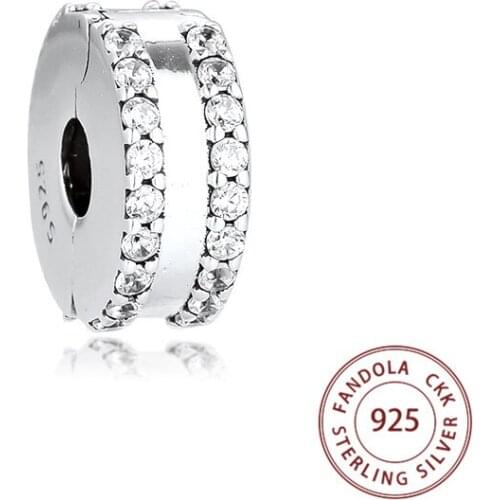 Authentic 925 Sterling Silver Double Lined Pave Clip Stopper Charms Fits Original Bracelet Metal Beads for Jewelry Making Kralen