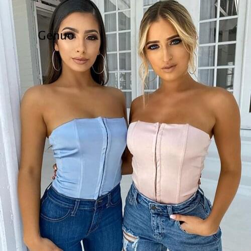 Silk Satin Tube Corset Sexy Strapless Crop Top Fron Button Sleeveless Cami Summer Fashion Club Streetwear Women Clothing