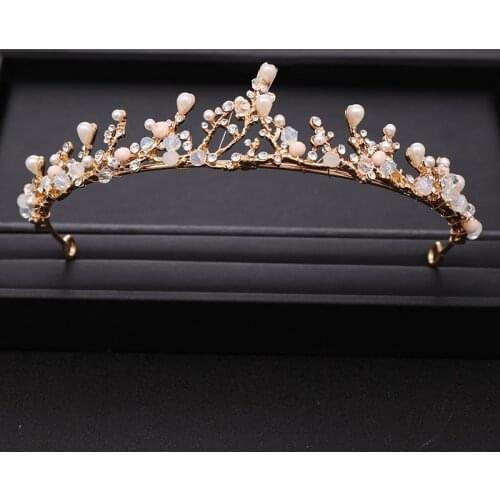 Vintage Handmade Beading Gold Bride Tiara Pearl Crystal Princess Wedding Crown Bridal Headpiece Wedding Hair Jewelry Accessories