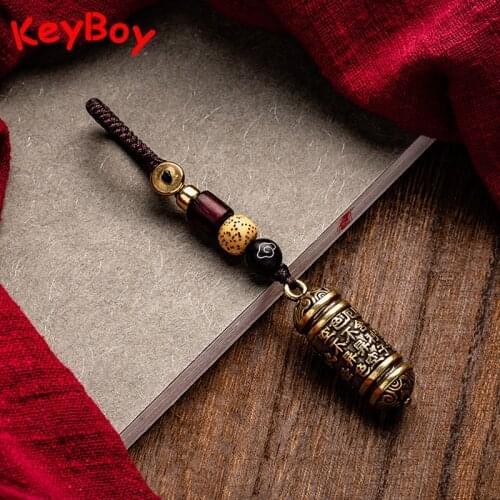 Vintage Brass Tibetan Chinese Cylindrical Heart Sutra Bottle Rope Keychains Pendants Mantra Car Key Chains Rings Lucky Hangings