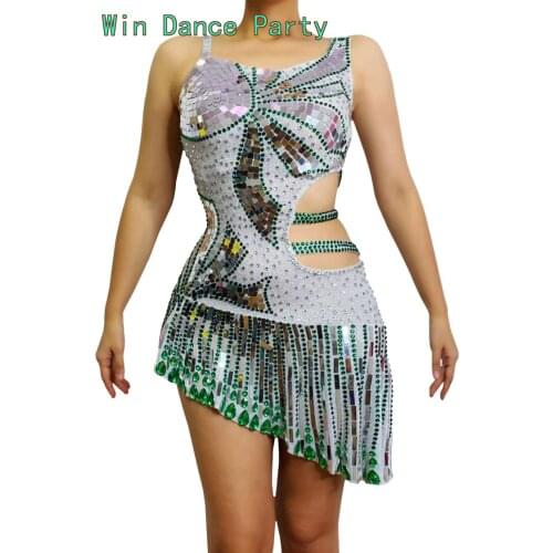Silver Green Irregular hem Mirror Sleeveless Short Dress Women Dancer Singer Show Prom Costume Evening Birthday Celebrate Dress