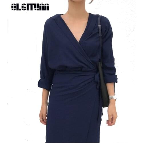 2020 New Summer dresses Irregular Bag Hip Strap V-Neck Long-Sleeved OL Solid Color Temperament Commute Dress DR1034