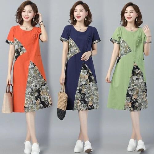 2020 summer new retro cotton and linen loose printed short-sleeved dress female large size M-4XL high quality elegant vestidos