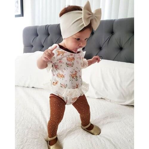0-24M Infant Baby Girls Boys playsuits Animal Print Lace Ruffles Short Sleeve Cotton Jumpsuits Outfits