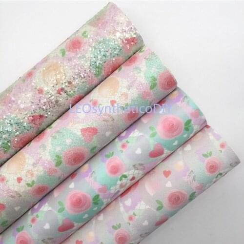 1PC 21X29CM Pink Rose and Hearts Printed on Glitter Leather, Soft Smooth Faux Leather For Making Bows LEOsyntheticoDIY 4S21D