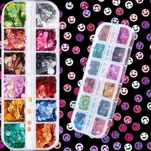 12 Grids/set Round smiley face Nail Glitter Flakes 3D Ultrathin Sequins Powder Paillette Charms Nail Art Decoration Manicure