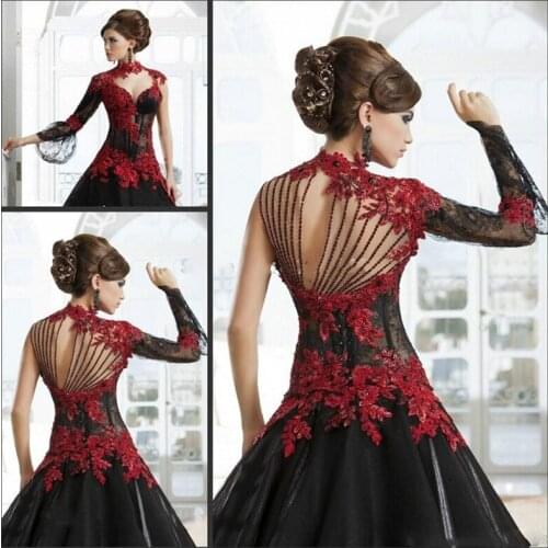 2019 Victorian Gothic Masquerade Wedding Dress Black And Red Dress Formal Event Gown Plus Size robe de soire vestido de festa lo